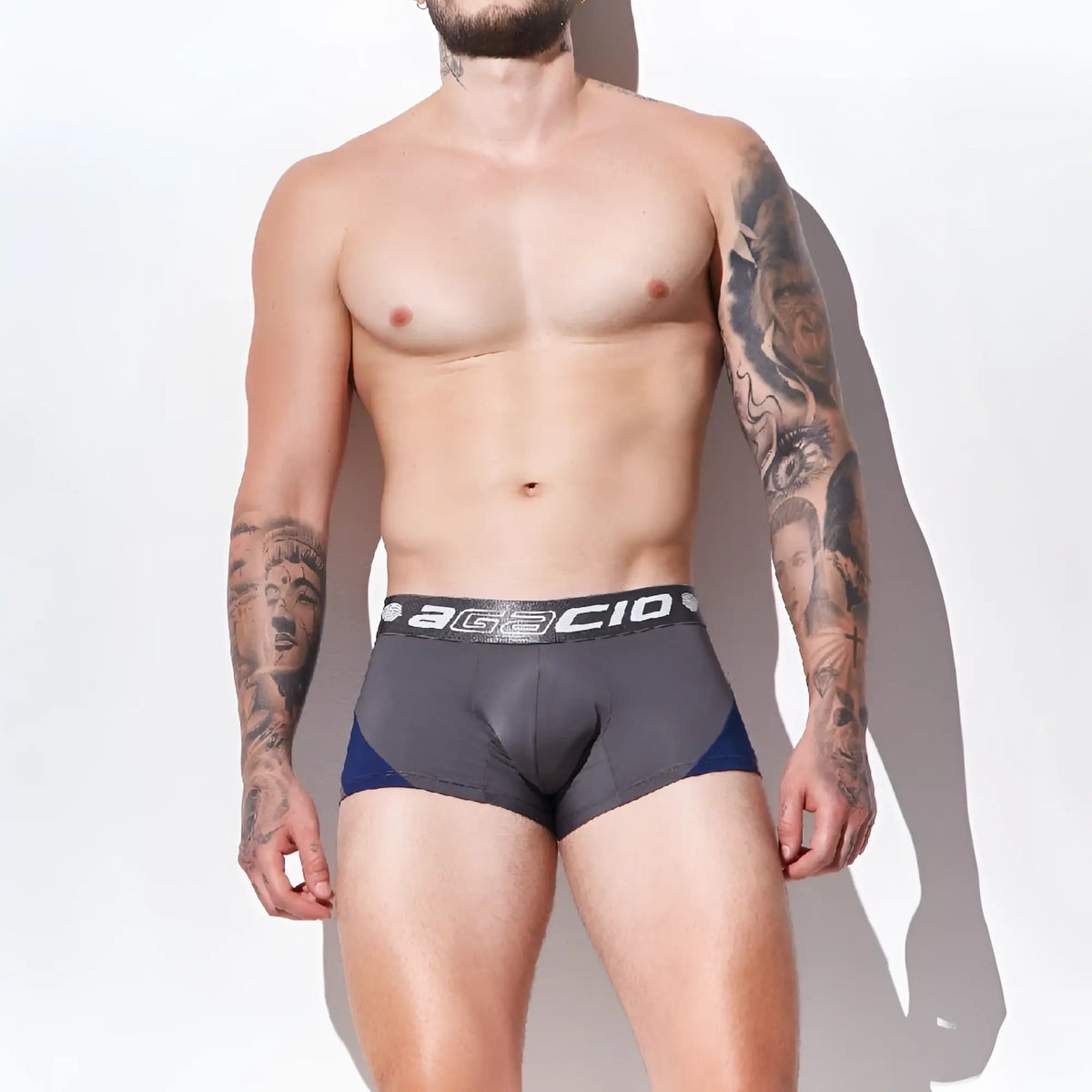 Gray and blue agacio AGG087 boxer trunk briefs with black waistband featuring agacio logo for athletic use