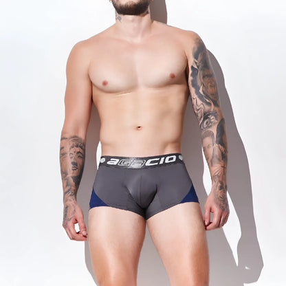 Gray and blue agacio AGG087 boxer trunk briefs with black waistband featuring agacio logo for athletic use
