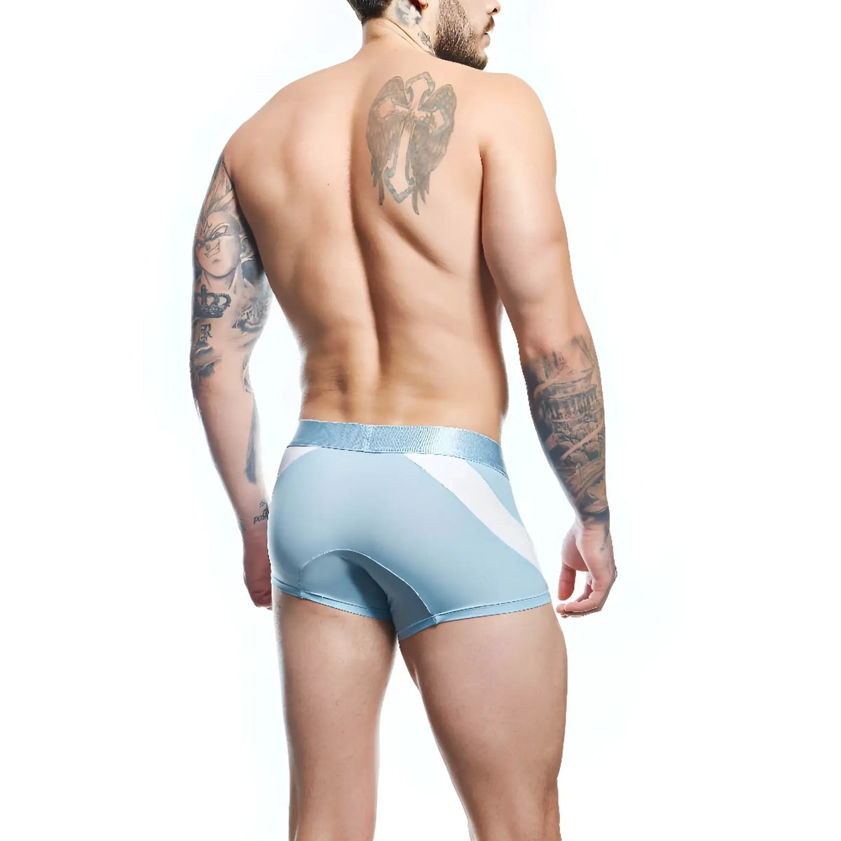 Light blue and white agacio agg087 boxer trunk with shiny textured waistband for athletic wear