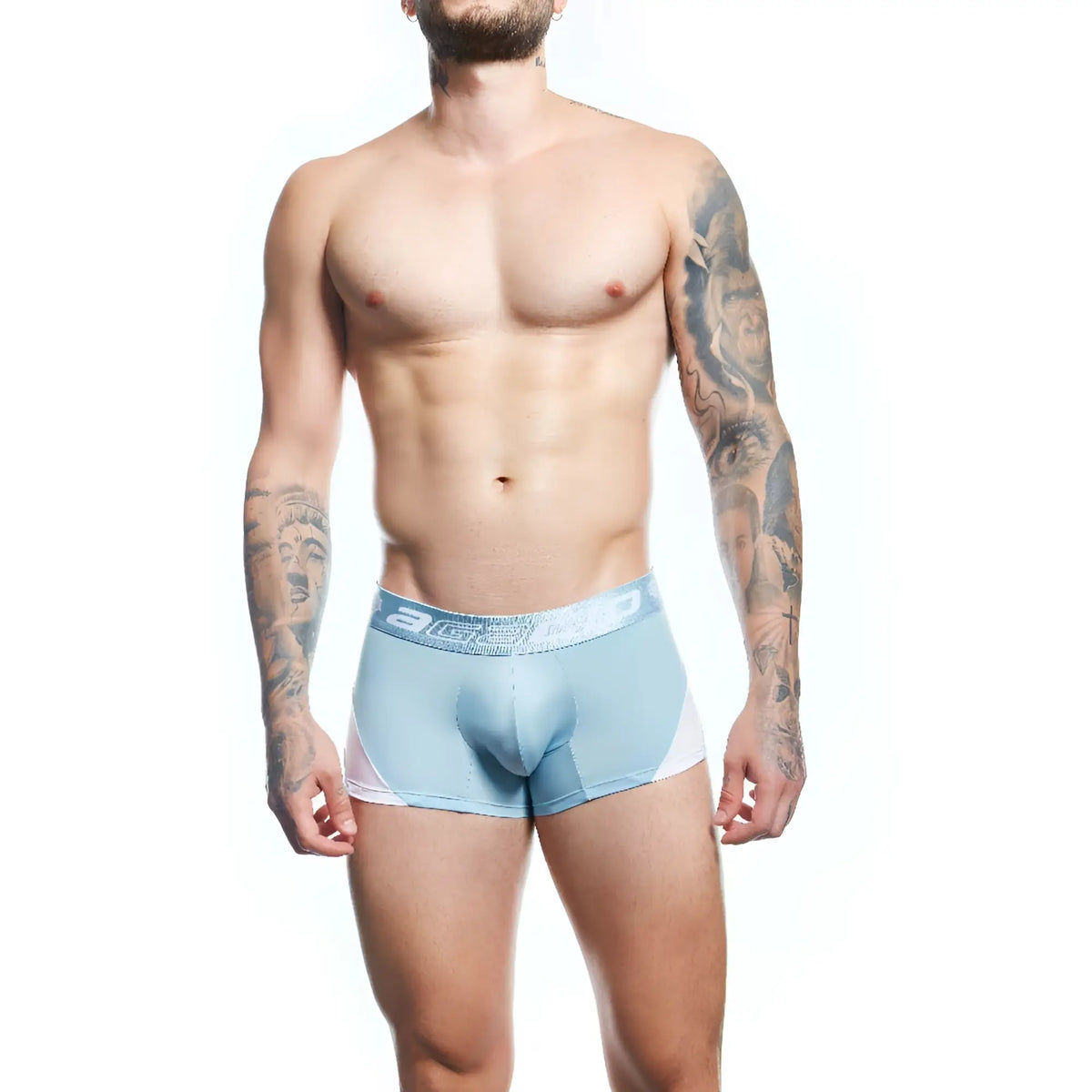 Agacio AGG087 light blue and white athletic boxer trunk with textured waistband featuring 3cs branding in silver