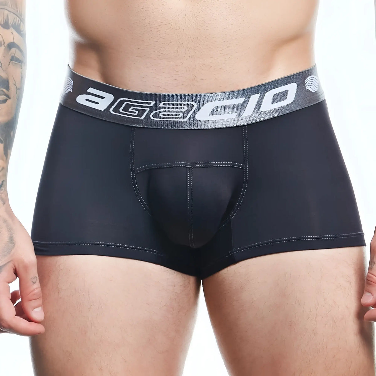 Black agacio agg088 boxer trunks with gray waistband white lettering and subtle wave patterns for comfortable wear
