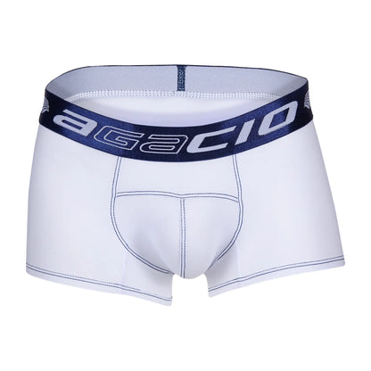 White agacio agg088 boxer trunk menâ€™s briefs with navy blue elastic waistband and white brand lettering