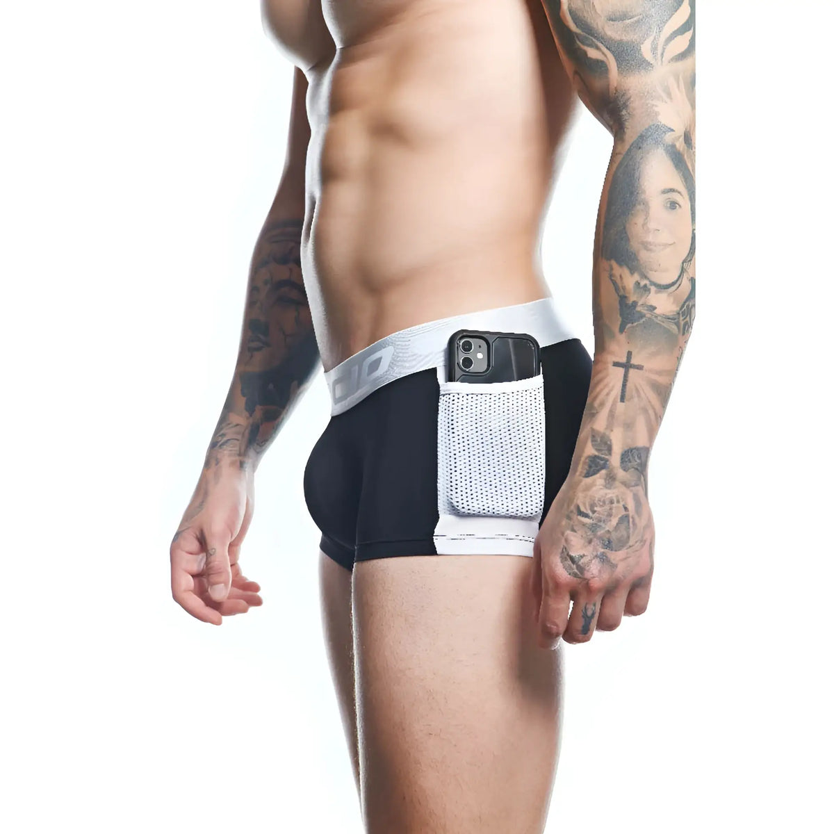 Agacio AGG089 boxer trunk black briefs with white mesh phone pocket and silver logo band on the side