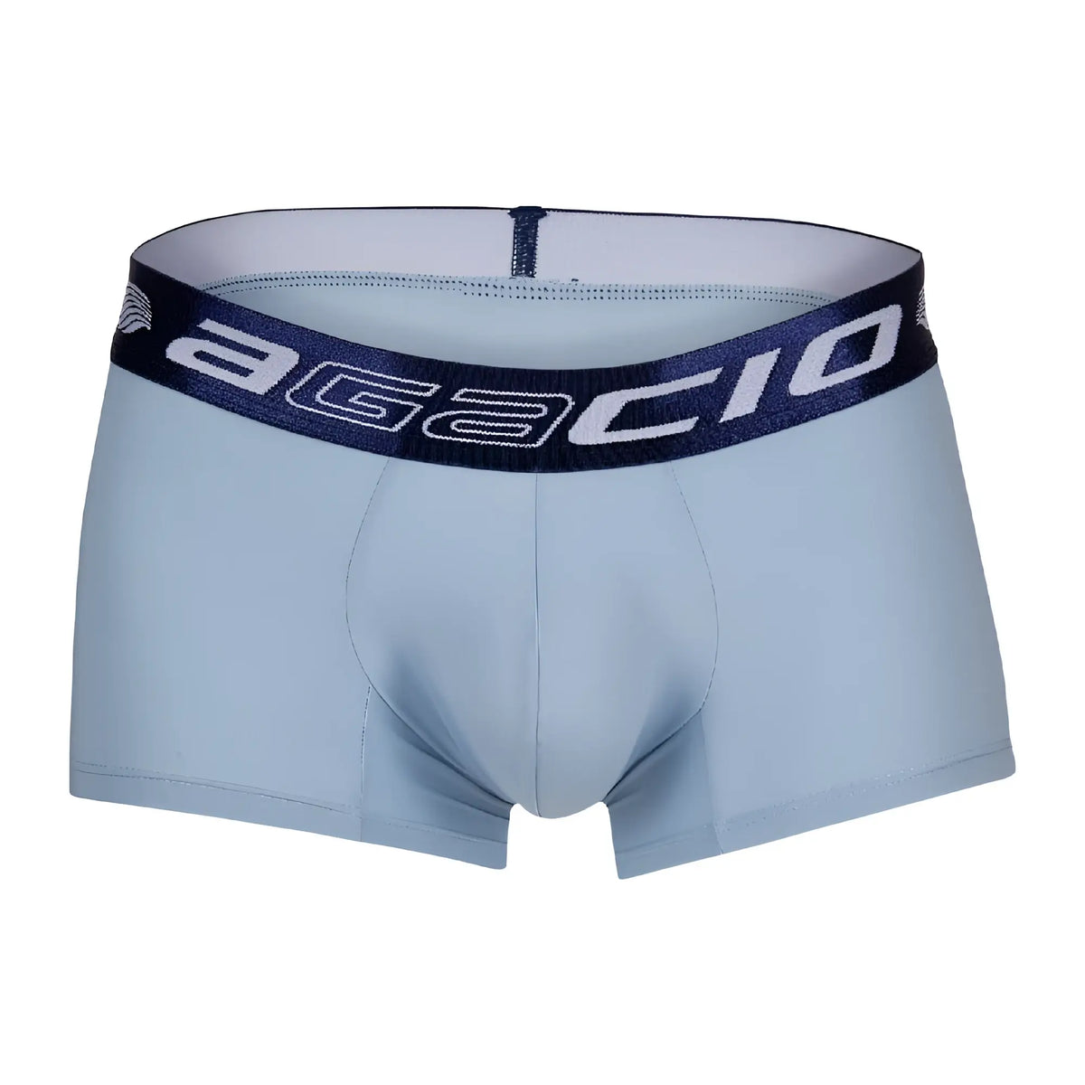 Light blue agacio agg089 menâ€™s briefs with navy elastic waistband and white lettering for comfortable wear