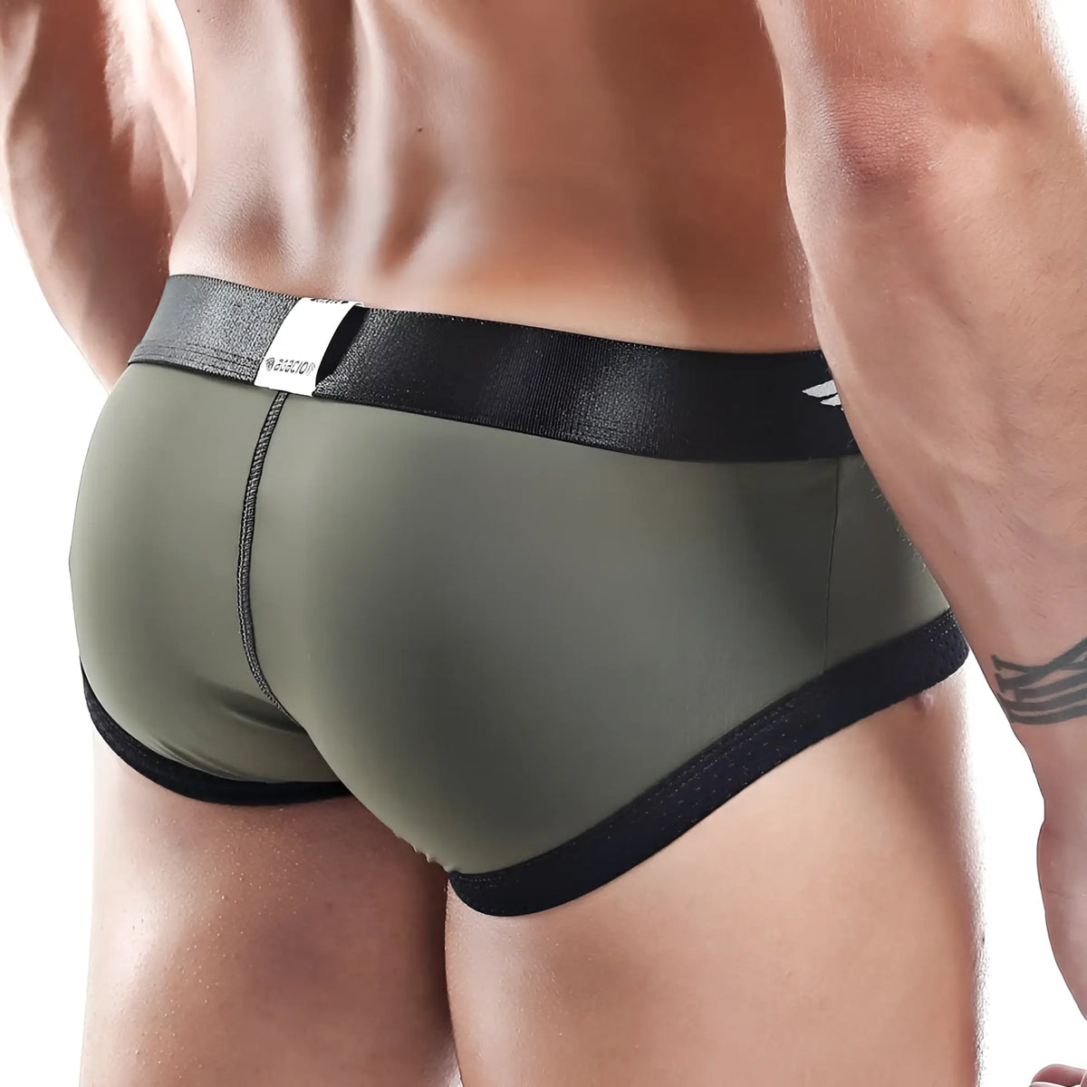 Olive green agacio agh029 brief athletic underwear with black elastic waistband and trim for active use
