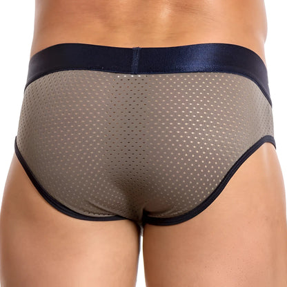 Beige mesh briefs with navy blue satin waistband and trim agacio AGH036 brief front view