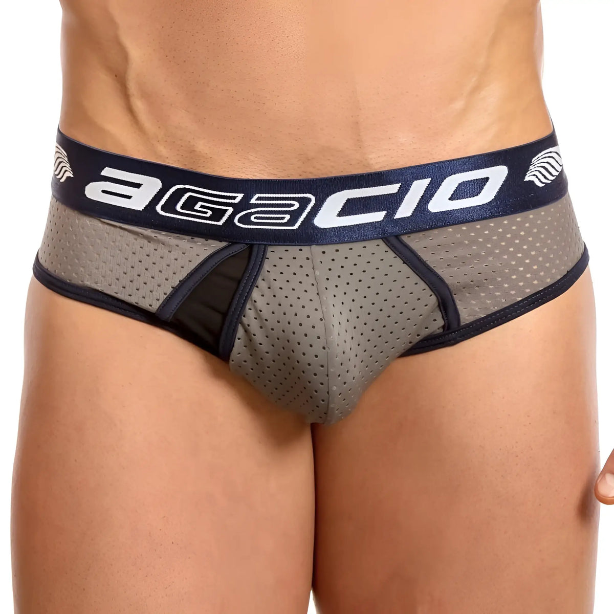 Agacio AGH036 brief gray perforated mesh with navy blue waistband and white agacio logo for breathable comfort