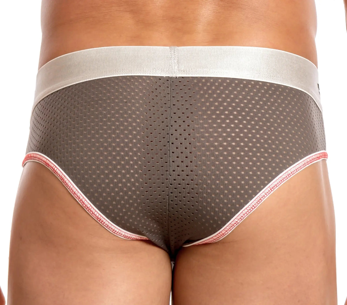 Agacio AGH037 classic mesh brief in gray with white waistband and pink trim along leg openings