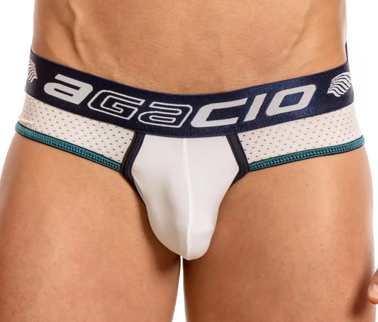 White agacio agh037 classic mesh briefs with navy blue waistband, white lettering, and teal trim in front view