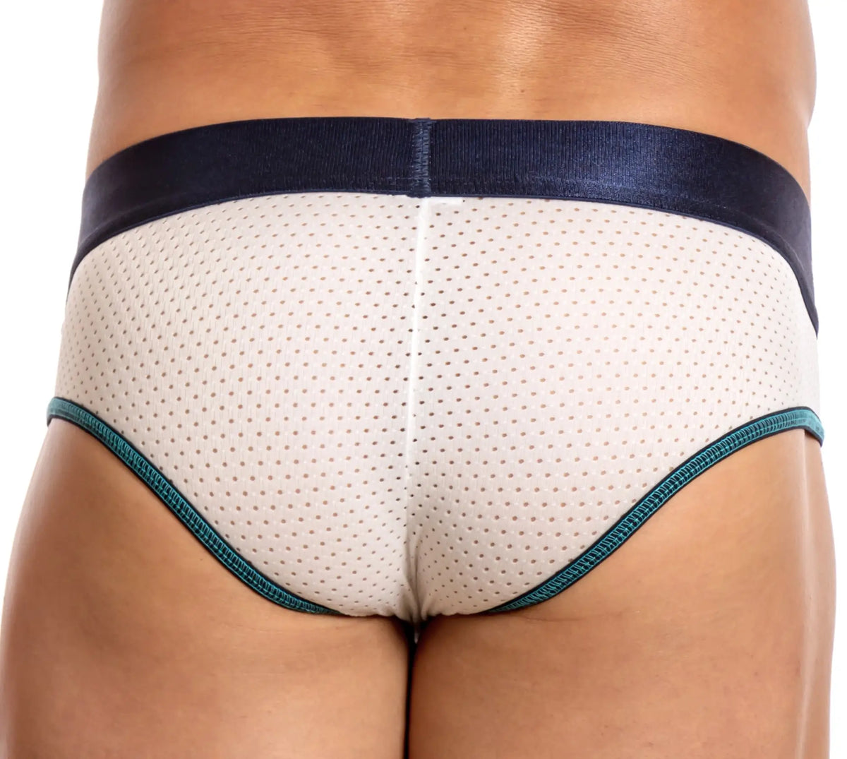 Agacio AGH037 classic mesh briefs are white perforated with a navy blue waistband and teal trim for breathable comfort