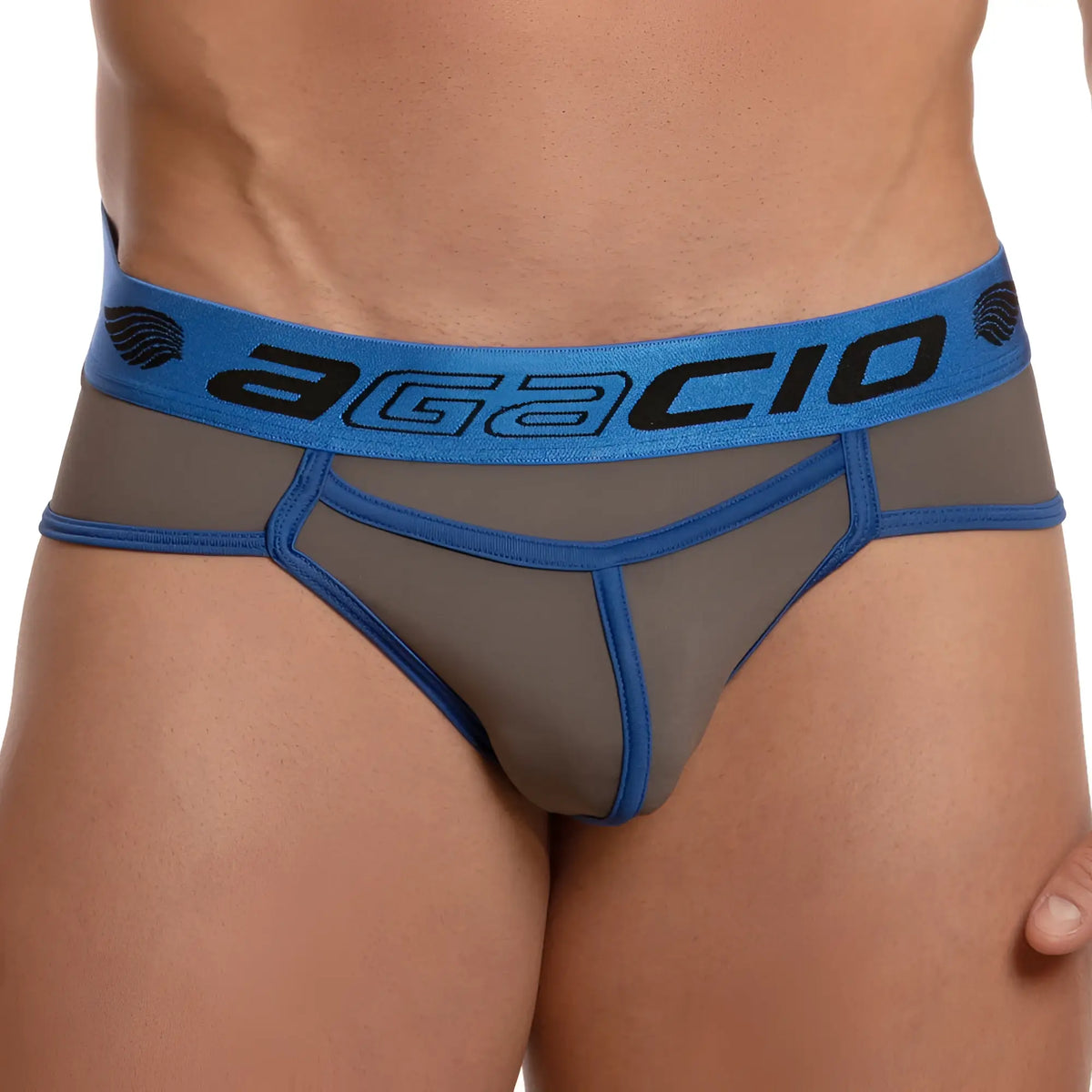 Agacio AGH040 brief in blue and gray mesh with bold blue waistband and agacio brand name in black lettering