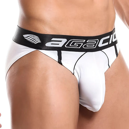 White agaci agi010 bikini briefs with black waistband featuring white logo and wing design on front side
