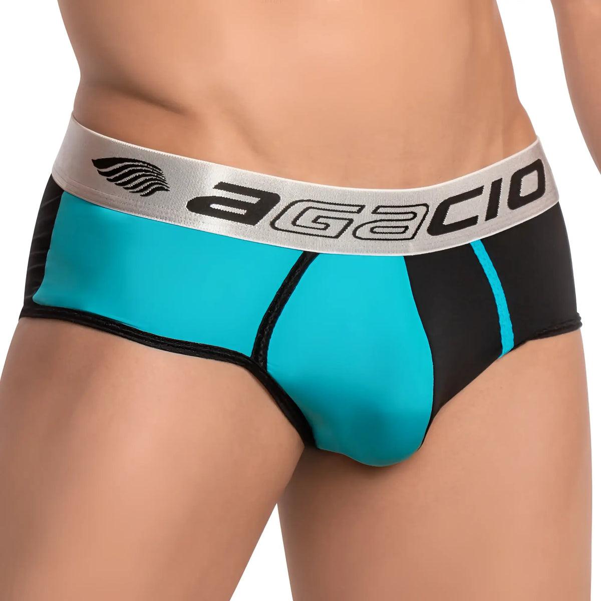 Agacio AGI011 brief menâ€™s underwear in vibrant teal and black with contrasting stitching for comfortable support