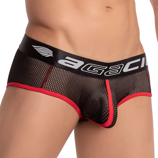 Agacio AGI012 brief in black mesh with red trim and a black waistband featuring the agaci logo in white lettering
