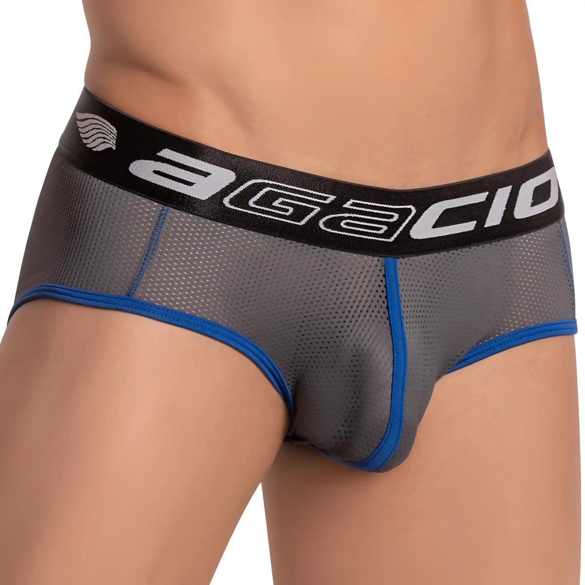 Agacio AGI012 brief gray mesh with blue trim and black waistband featuring agacio brand name in white lettering