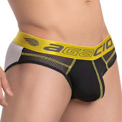 Black and yellow agacio agi013 menâ€™s briefs with mesh panels and bold logo waistband for breathable comfort