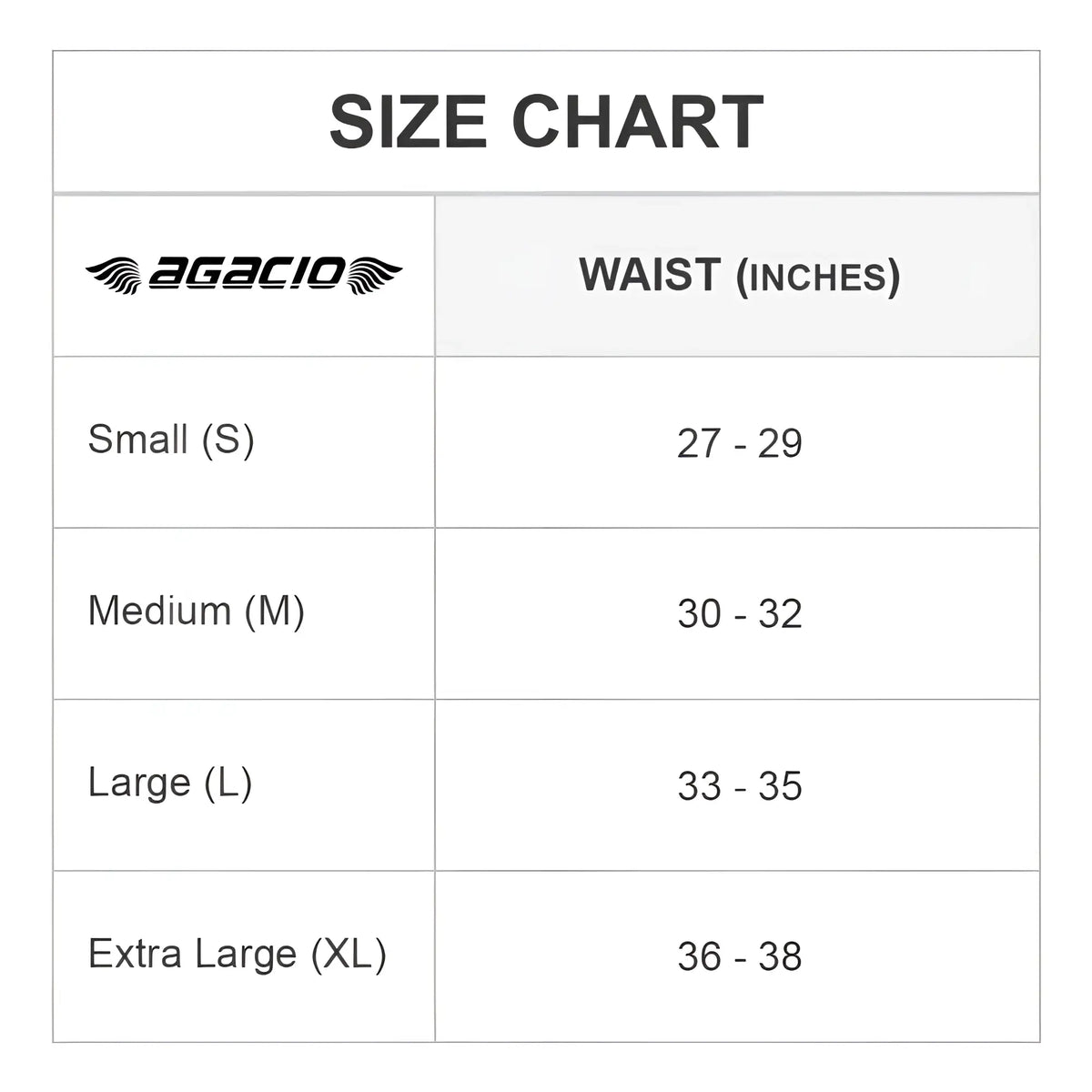 Agacio AGI013 brief size chart showing waist measurements for small medium large and extra large sizes