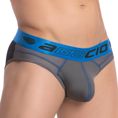 Gray and blue agacio agi013 menâ€™s briefs with mesh panels and branded elastic waistband front view