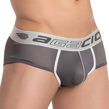 Gray mesh briefs with white elastic waistband branded agacio black lettering agacio agi014 the styled brief