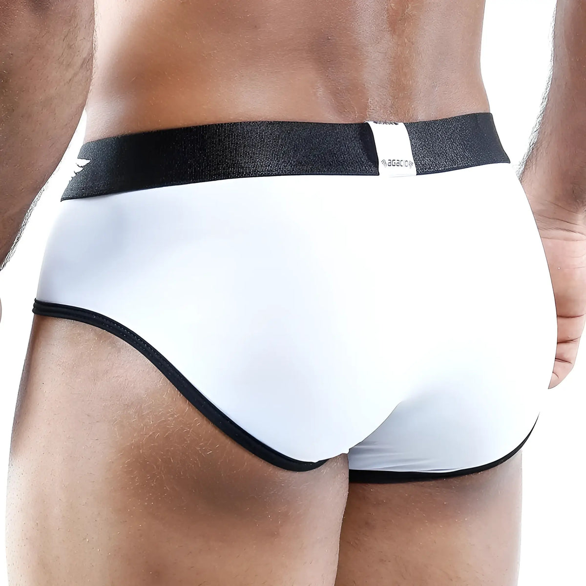 Agacio AGJ004 bikini brief in white with black elastic waistband and trim featuring a subtle brand tag
