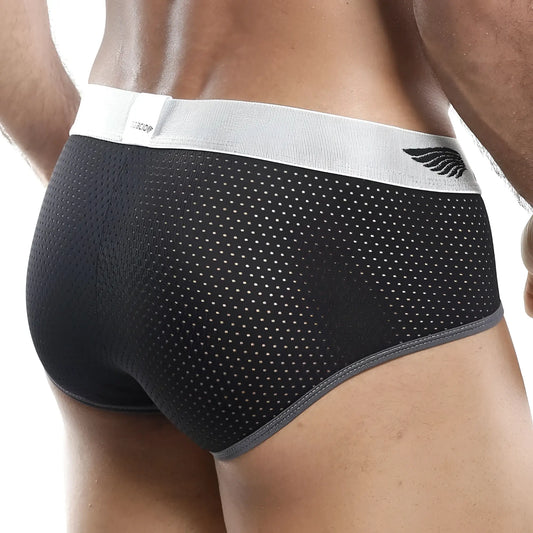 Black mesh Agacio AGJ009 bikini briefs with white branded waistband and gray trim featuring black wing logo