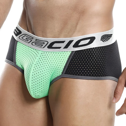 Agacio AGJ009 bikini brief in green and black perforated mesh with white elastic waistband and gacio branding