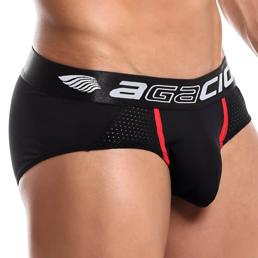 Black agacio agj015 pop brief mens briefs with red trim and perforated mesh side panel for added breathability