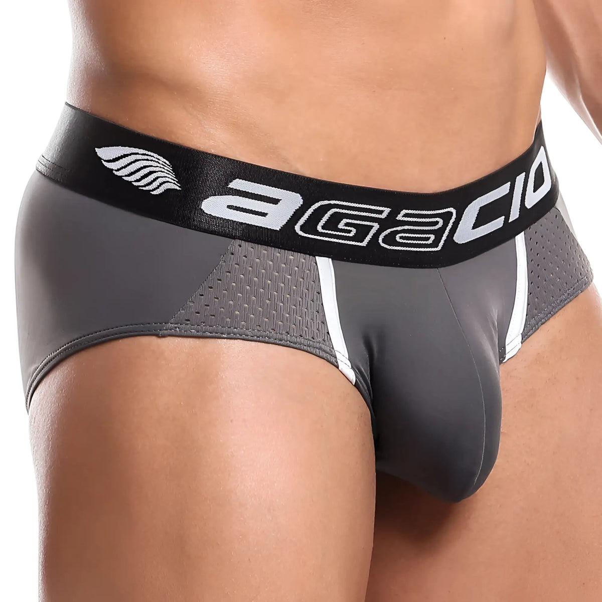 Gray agacio menâ€™s briefs agj015 pop brief with black waistband white branding and breathable mesh panels