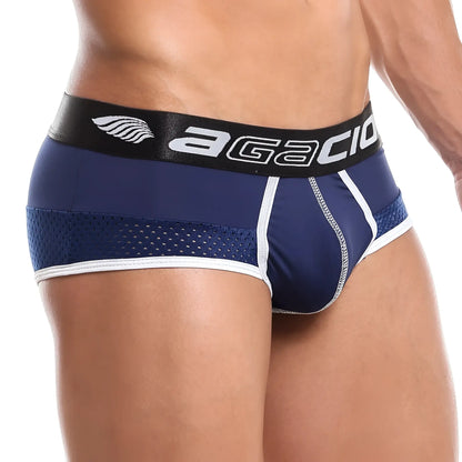 Navy blue Agacio AGJ016 King Brief athletic briefs with white trim and black branded waistband for active wear
