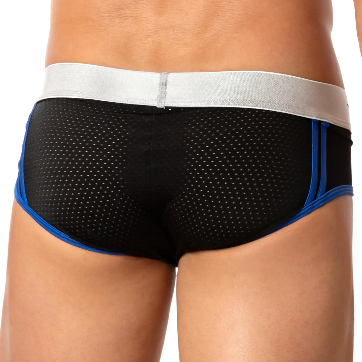 Black mesh briefs with blue trim and silver waistband agacio AGJ018 mesh back brief showing front side