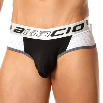 Black and white agacio agj018 mesh back brief for men featuring a breathable mesh waistband and comfortable fit