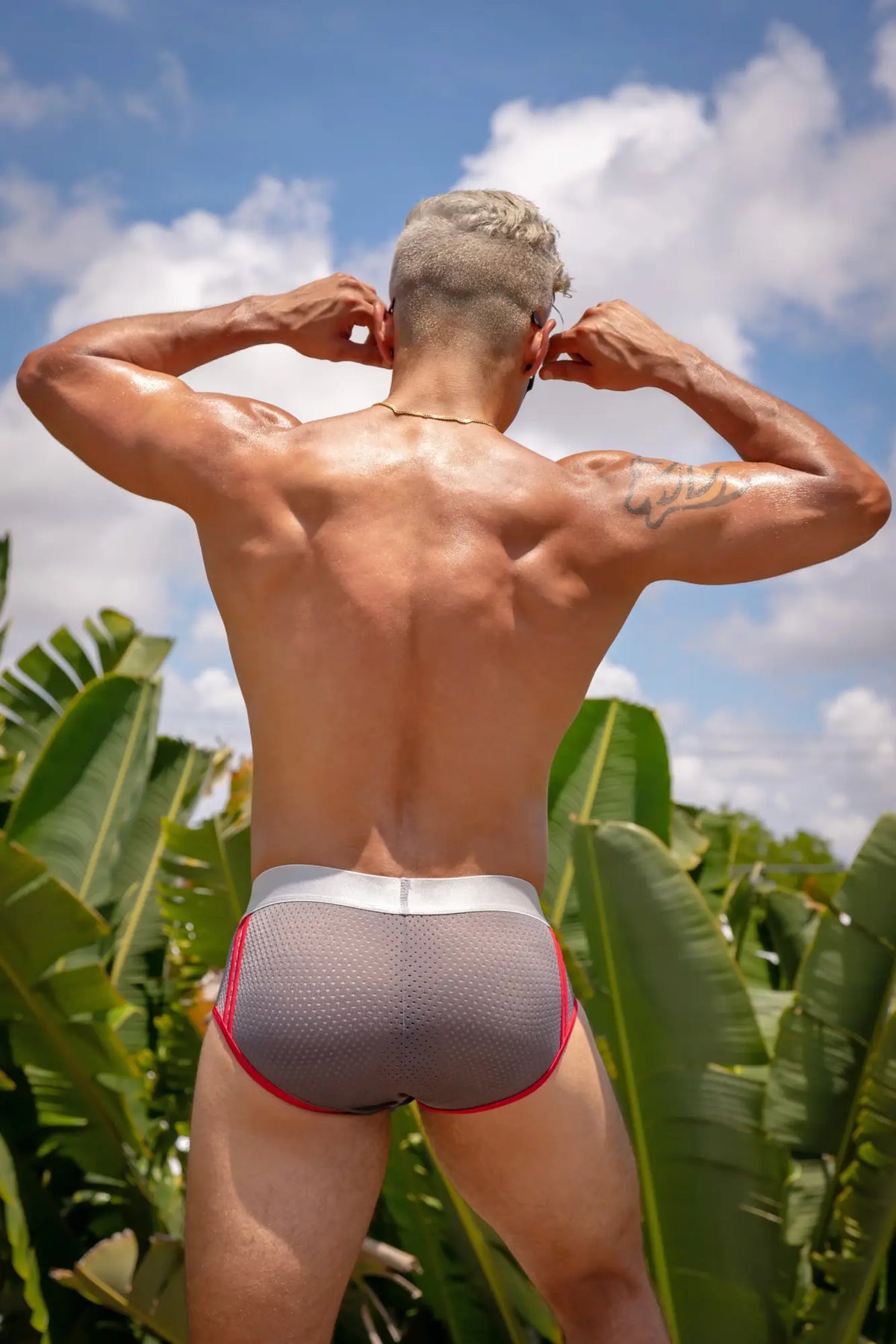 Agacio AGJ018 mesh back brief in gray mesh with red trim and white waistband shown from the back side