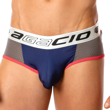 Agacio agj018 mesh back brief in navy blue and gray athletic fabric with red trim and white waistband