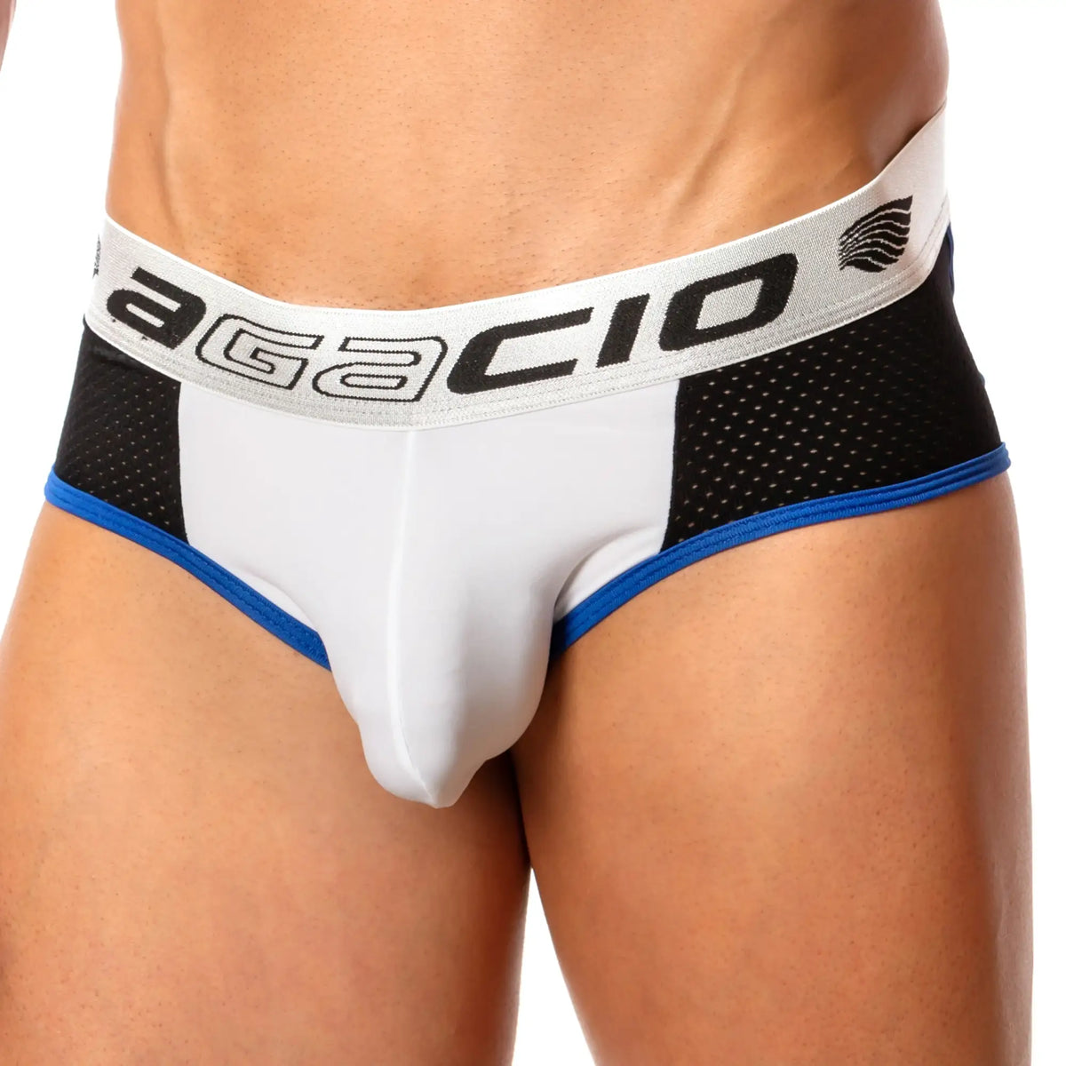 White and black agacio menâ€™s briefs with blue trim and mesh back panels for breathability agj018 mesh back brief