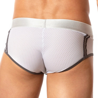 White mesh briefs with gray trim and satin waistband by agacio agj018 showing the front side of the brief