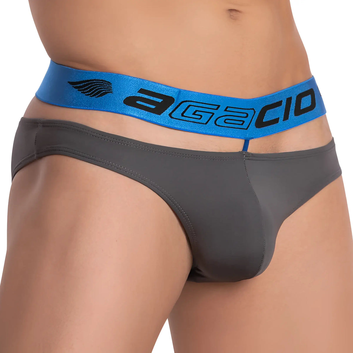 Gray agacio agj019 brief with bright blue elastic waistband featuring black logo and wing emblem front view