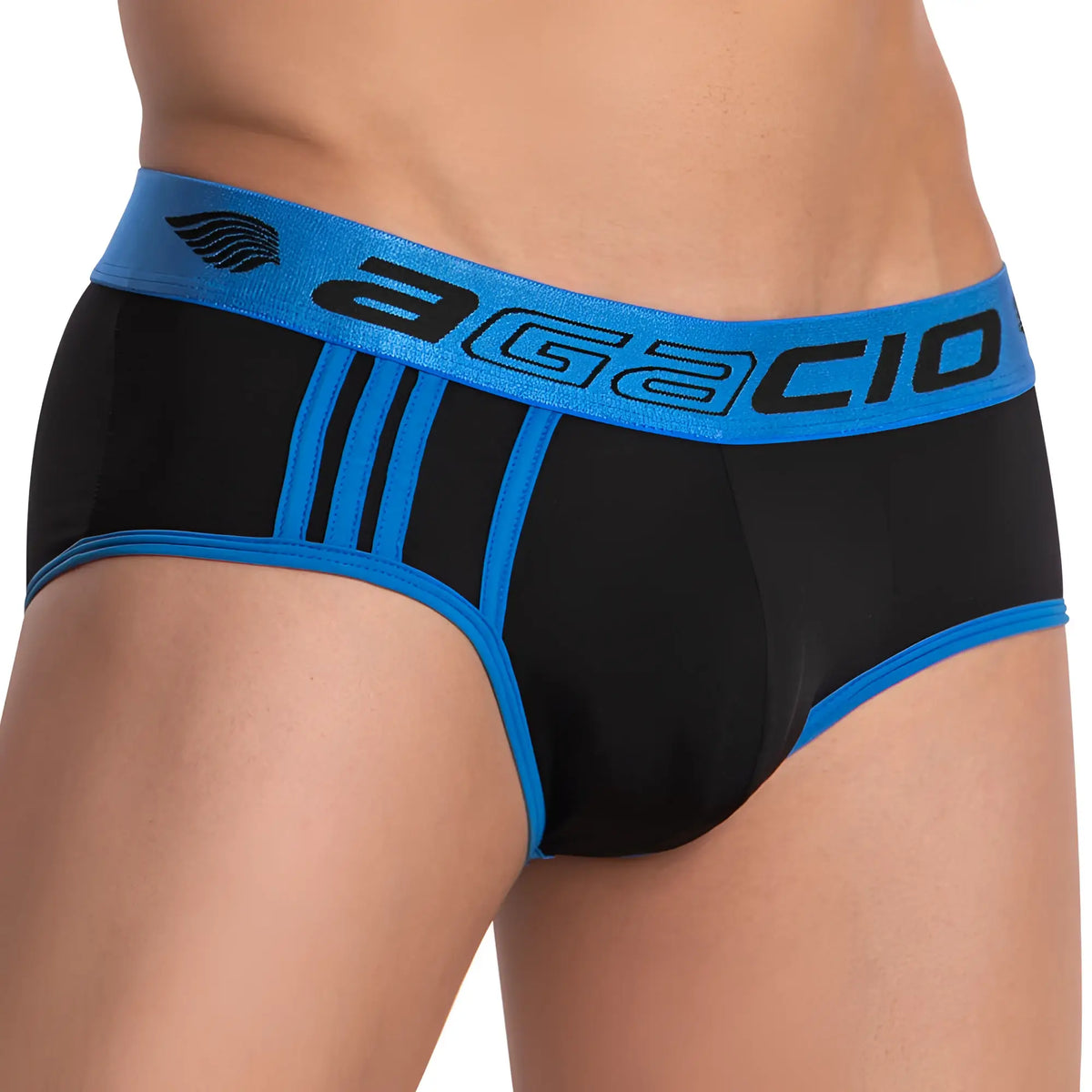 Black and blue agacio agj020 menâ€™s briefs with bold logo waistband and comfortable stretch fabric