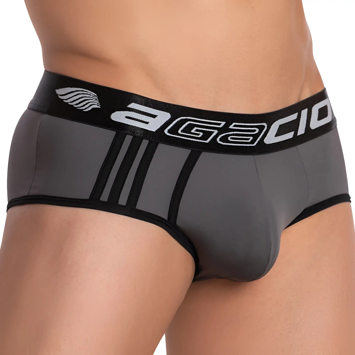 Gray agacio agj020 menâ€™s briefs with black trim and bold logo waistband made of comfortable fabric