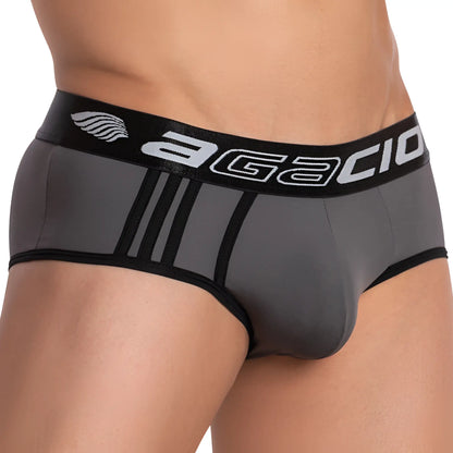 Gray agacio agj020 menâ€™s briefs with black trim and bold logo waistband made of comfortable fabric