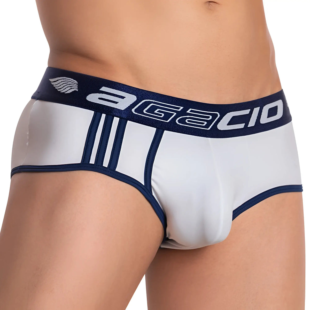 White and navy blue agacio agj020 menâ€™s briefs with sleek form-fitting design for comfortable everyday wear