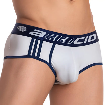 White and navy blue agacio agj020 menâ€™s briefs with sleek form-fitting design for comfortable everyday wear