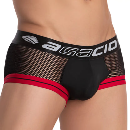 Agacio AGJ021 the header brief black mesh briefs with red trim and black waistband featuring agacio logo in white