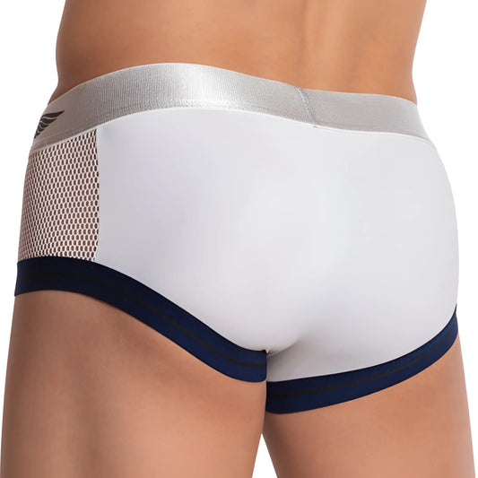 White agacio agj021 the header brief with a silver elastic waistband navy blue leg trim and side mesh panel