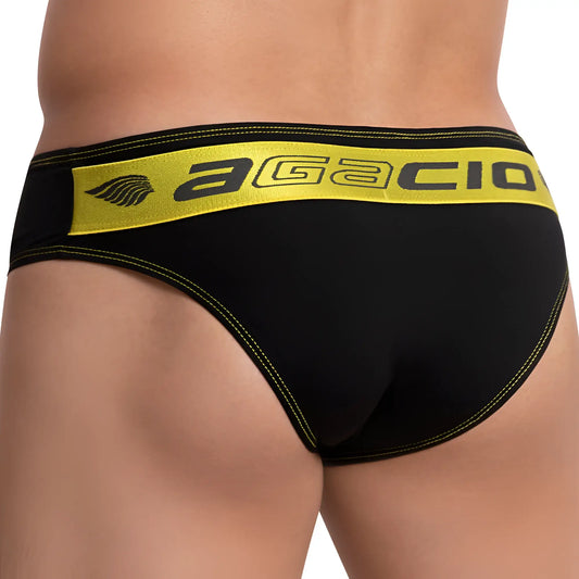 Black agacio agj023 the line brief with bold yellow waistband logo and matching yellow stitching