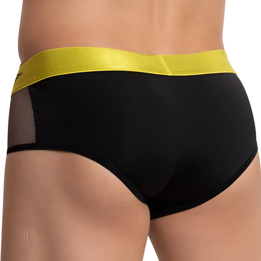 Black briefs agacio agj024 with shiny yellow waistband and mesh side panel for breathable comfort
