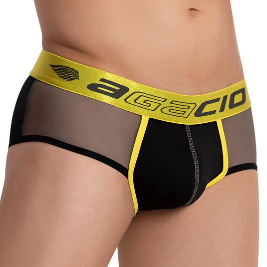 Black and yellow agacio agj024 sideways brief menâ€™s underwear with sheer mesh panels and supportive design