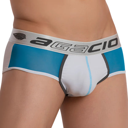 Agacio AGJ024 sideways brief mens white and teal briefs with gray trim designed for comfort and support