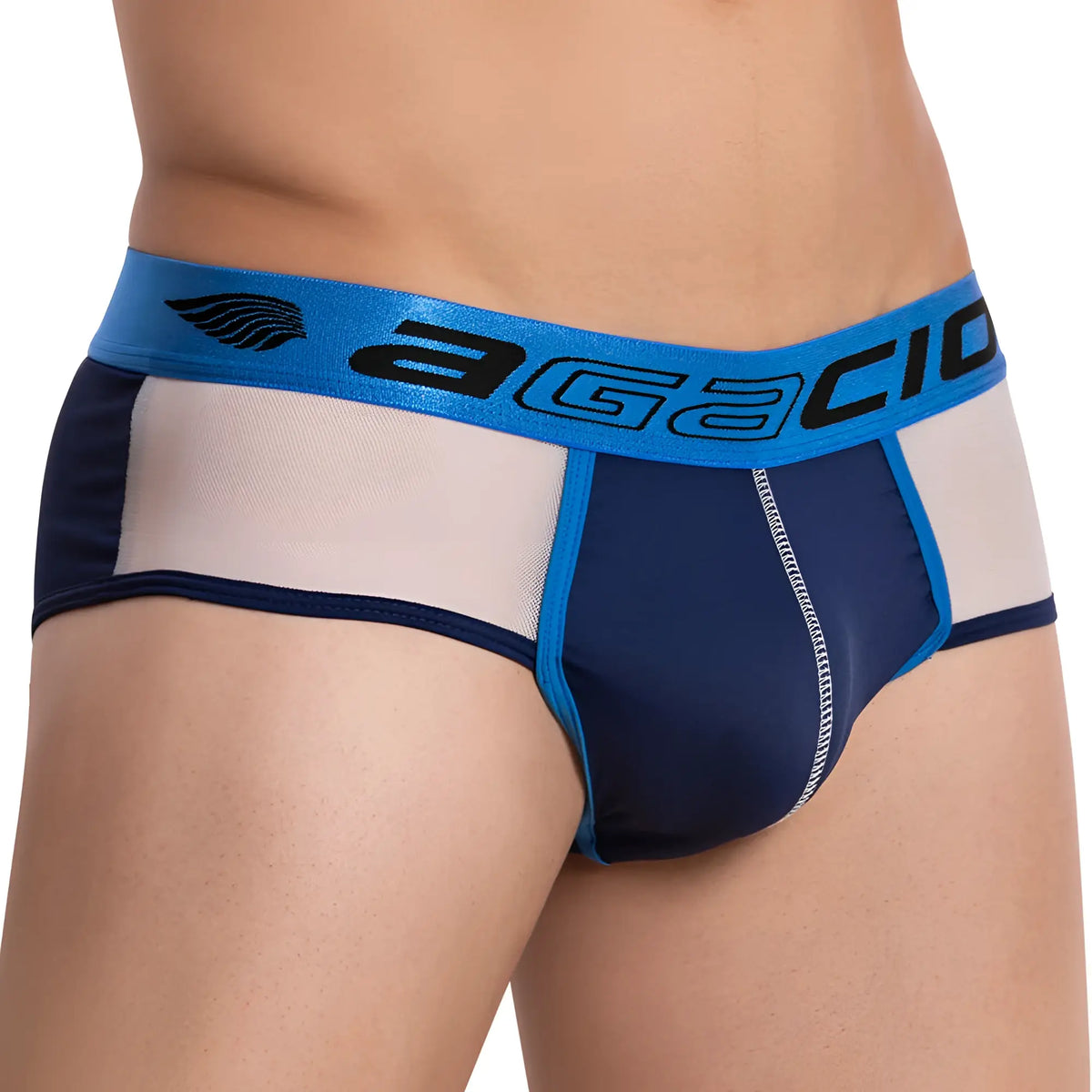 Navy blue and white mesh athletic briefs with bright blue agacio elastic waistband agj024 sideways brief front view