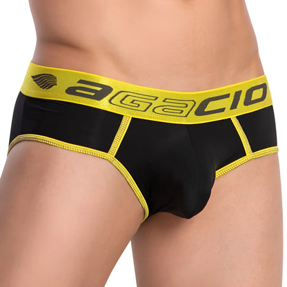 Black agacio agj025 sporty briefs with bold yellow waistband and trim designed for athletic comfort
