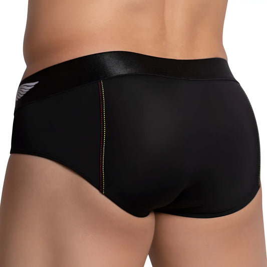 Agacio AGJ027 stealth brief is a black menâ€™s brief with shiny black waistband wing logo and red green stitching accents